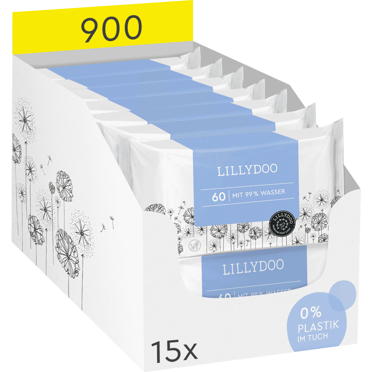 LILLYDOO Lingettes avec 99 % eau (15x60 pièces), 900 pièces — produit allemand authentique au Maroc