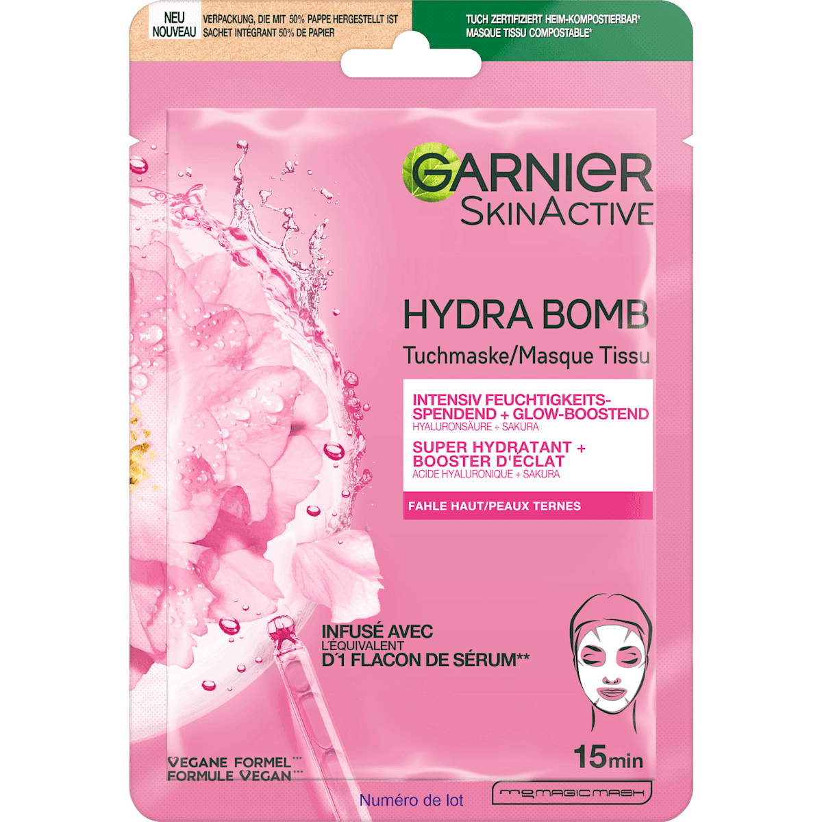 Garnier Skin Active masque tissu Hydra Bomb Sakura Glow-Boosting, 28 g — produit allemand authentique au Maroc