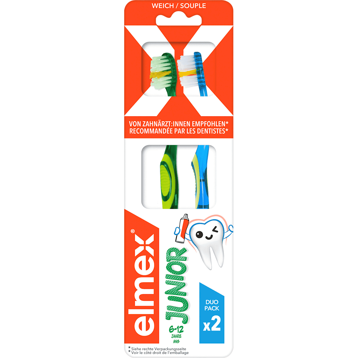 elmex toothbrush Child Junior, 6-12 years (pack 2), 2 pcs (elmex Zahnbürste Kinder Junior, 6-12 Jahren (Doppelpack), 2 St) — authentic German product in Morocco