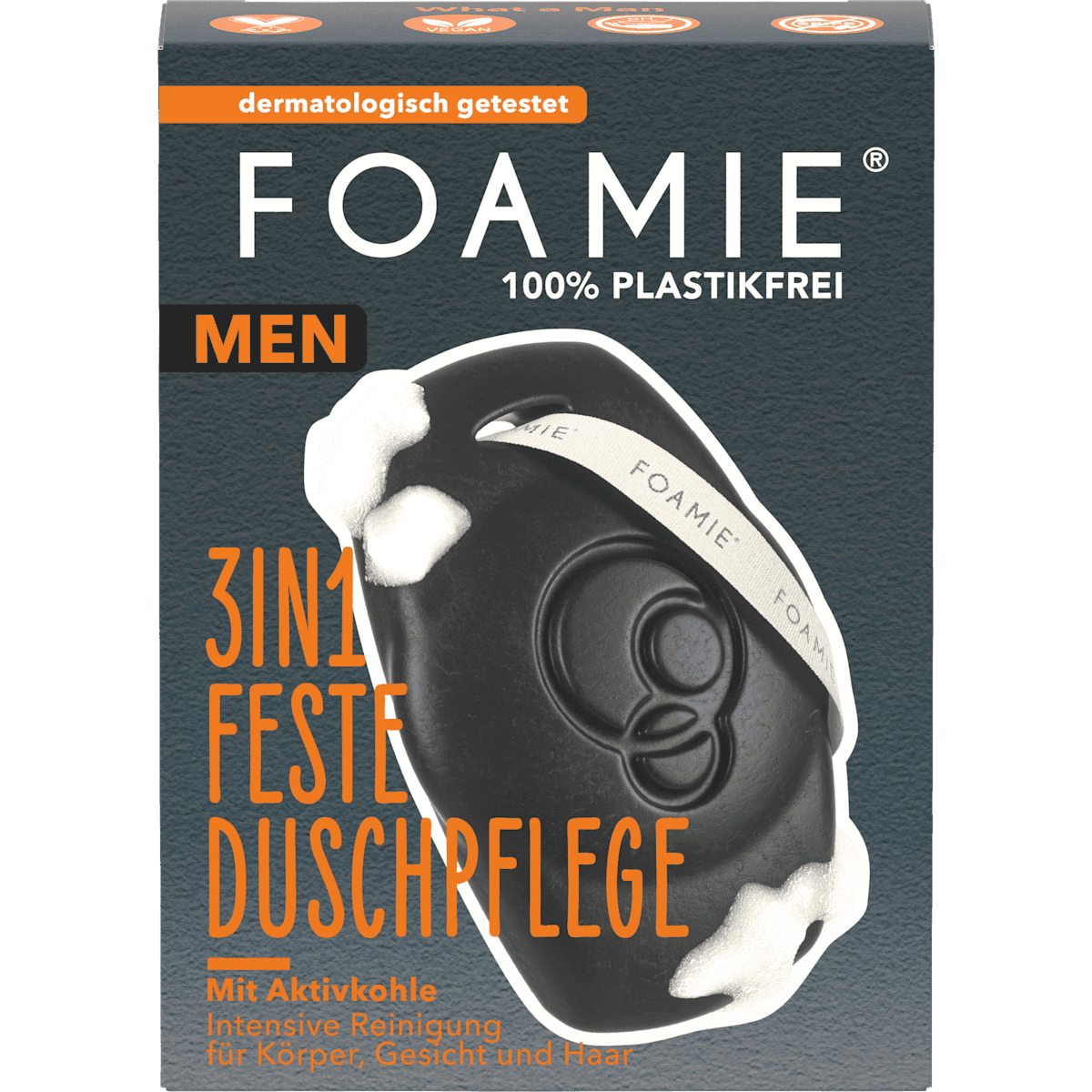 Foamie Festes Gel douche Men avec Aktivkohle 3in1, 90 g (Foamie Festes Duschgel Men mit Aktivkohle 3in1, 90 g) — منتج ألماني أصلي في المغرب