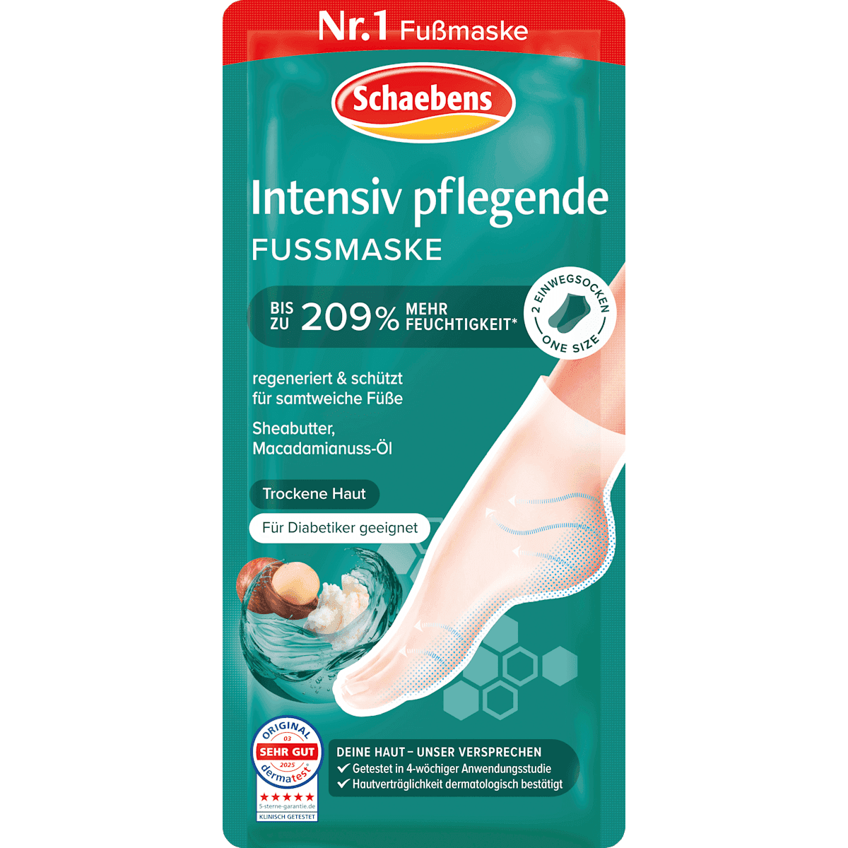 Schaebens Masque pieds chaussettes intensive Pflege avec beurre de karité & Macadamia (1 paire), 2 pièces (Schaebens Fußmaske Socken intensive Pflege mit Sheabutter & Macadamia (1 Paar), 2 St) — produit allemand authentique au Maroc