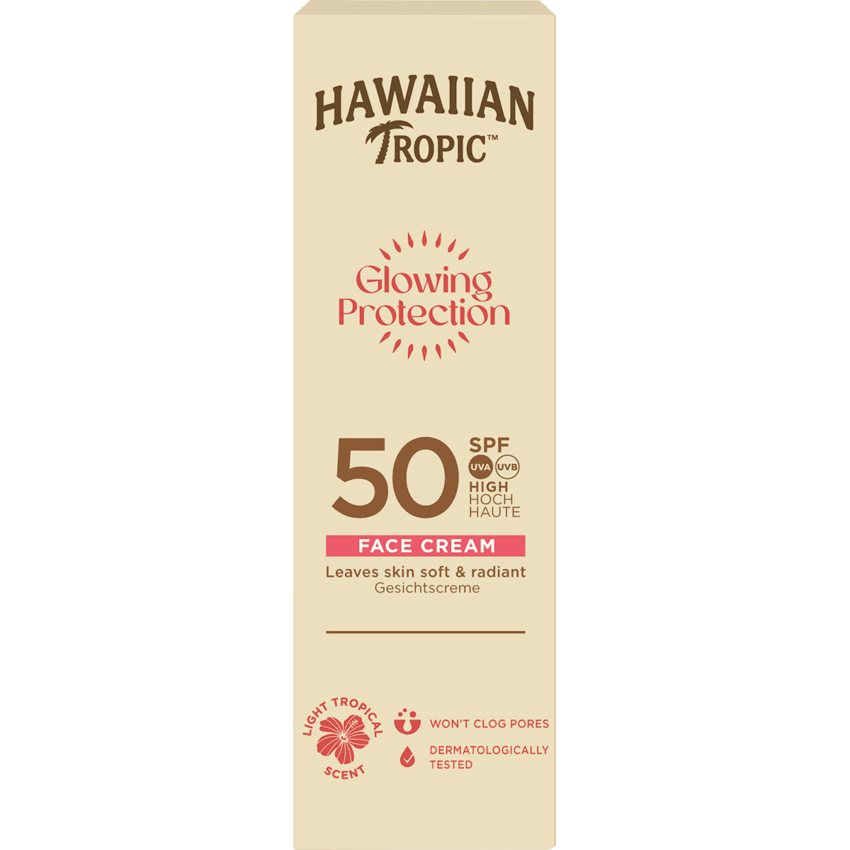 Hawaiian Tropic crème solaire visage glowing protection LSF 50, 50 ml — produit allemand authentique au Maroc