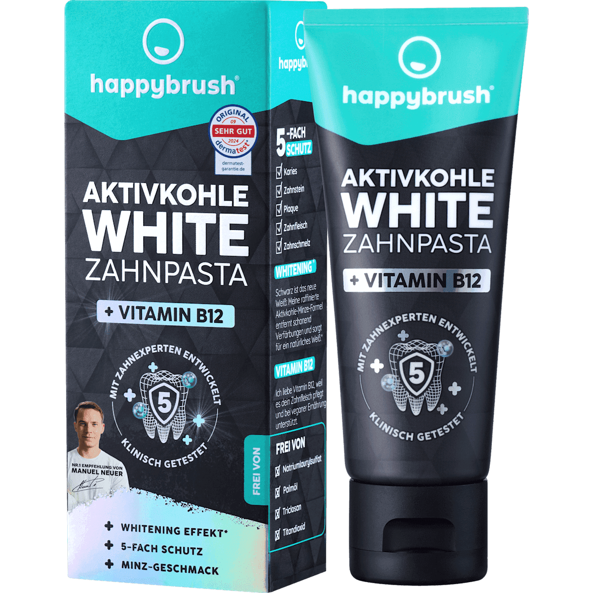 happybrush Dentifrice Aktivkohle White avec Vit. B12, 75 ml — produit allemand authentique au Maroc