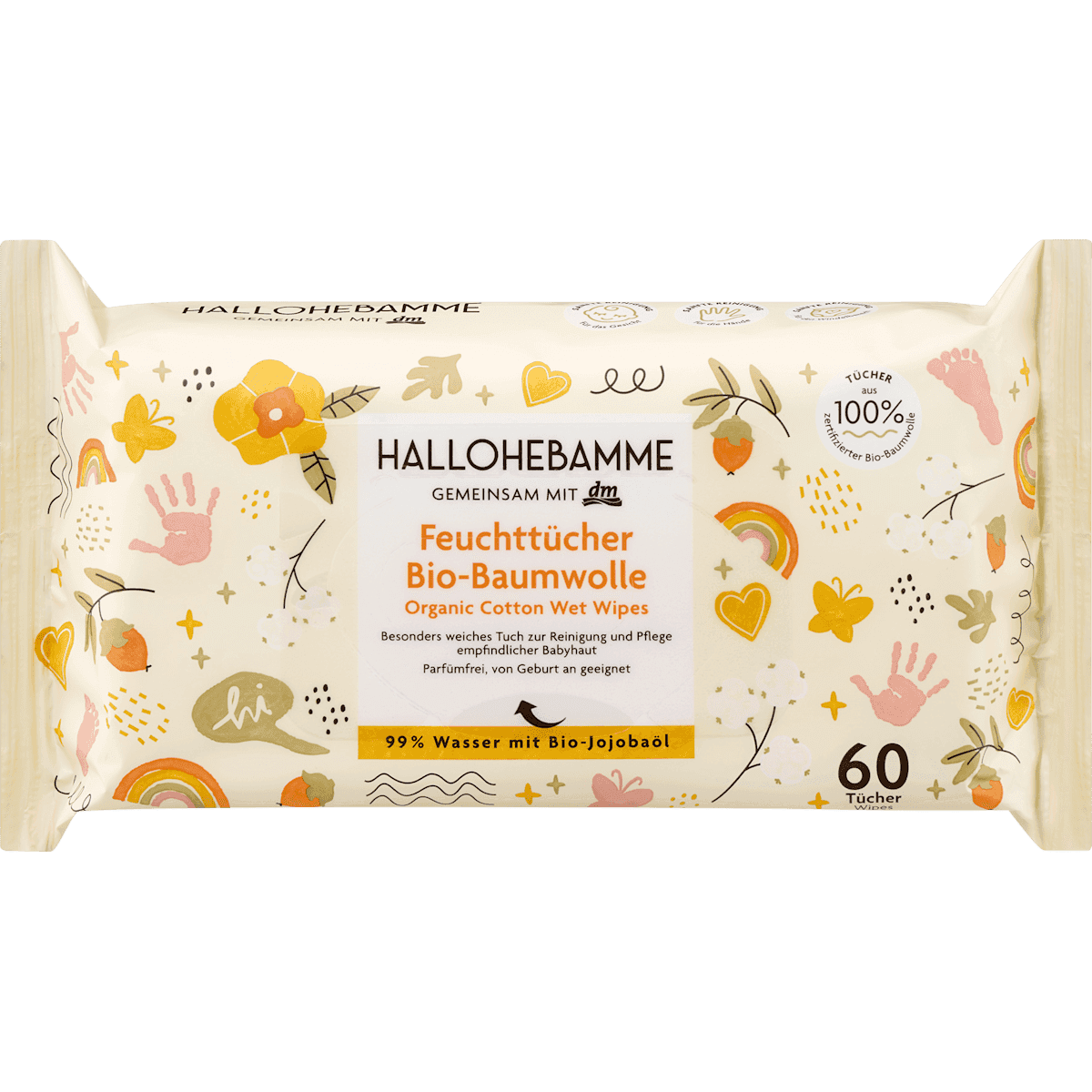 HALLOHEBAMME Lingettes Baumwolle, 60 pièces (HALLOHEBAMME Feuchttücher Baumwolle, 60 St) — produit allemand authentique au Maroc