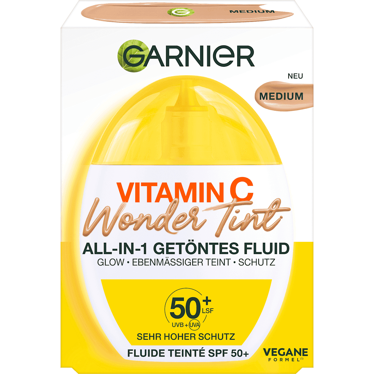 GARNIER Fluide visage Vitamine C Wonder Tint UV LSF 50+, Medium, 40 ml — produit allemand authentique au Maroc