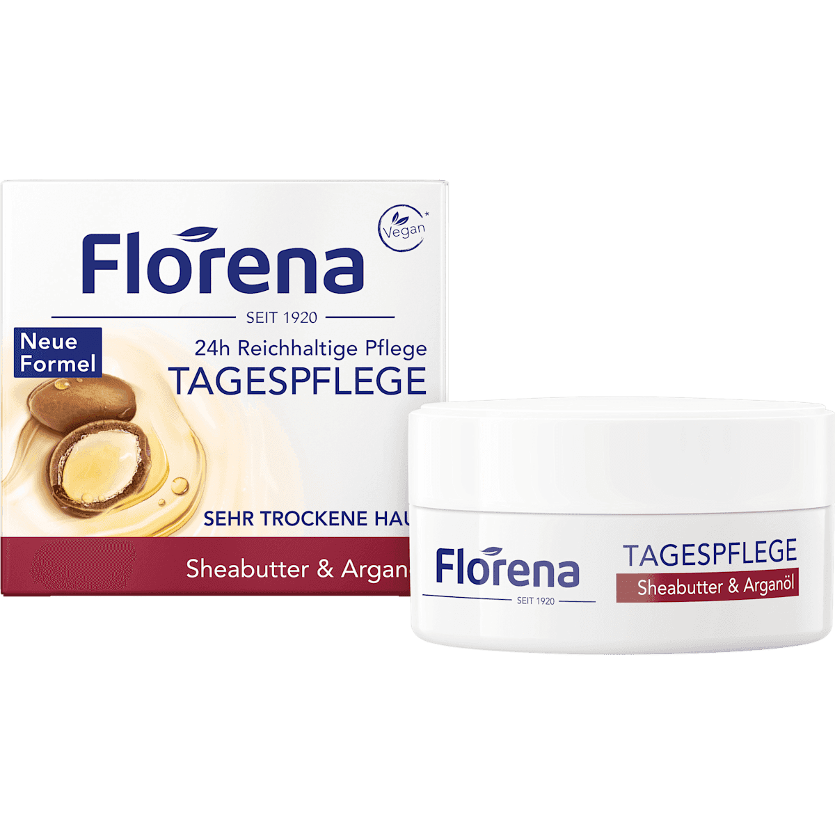 Florena crème visage beurre de karité & huile d'argan, 50 ml (Florena Gesichtscreme Sheabutter & Arganöl, 50 ml) — produit allemand authentique au Maroc