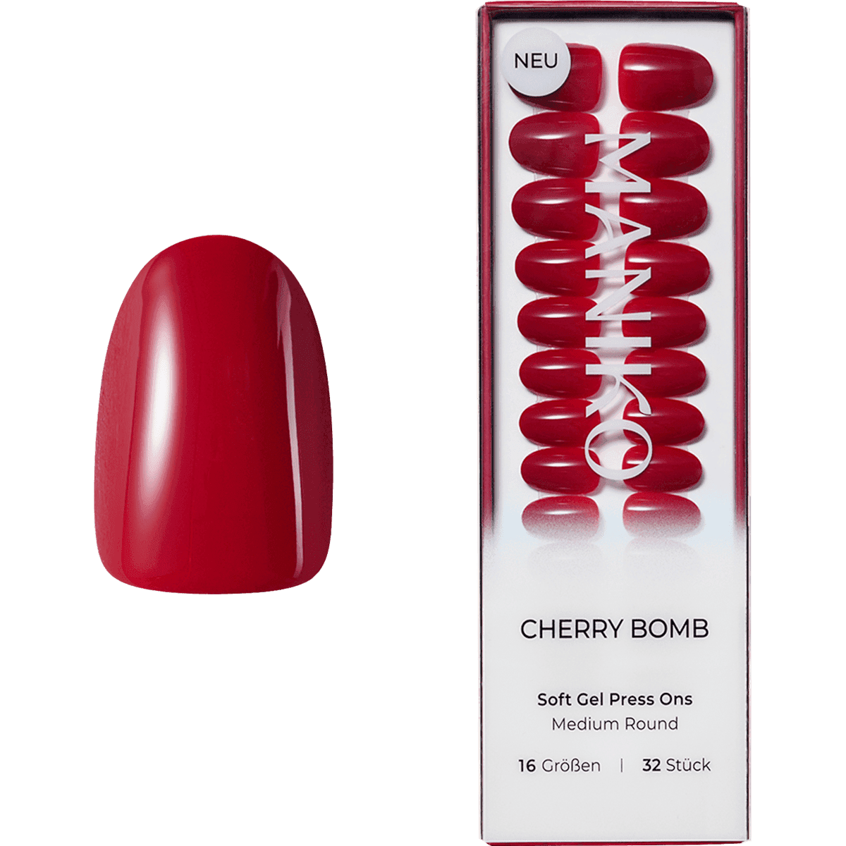 Maniko faux nails Soft Gel Press Ons Cherry Bomb Medium Round, 32 pcs (Maniko Künstliche Nägel Soft Gel Press Ons Cherry Bomb Medium Round, 32 St) — authentic German product in Morocco