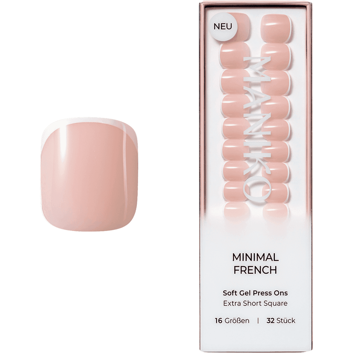 Maniko faux ongles Soft Gel Press Ons Minimal French Extra Short Square, 32 pièces (Maniko Künstliche Nägel Soft Gel Press Ons Minimal French Extra Short Square, 32 St) — produit allemand authentique au Maroc