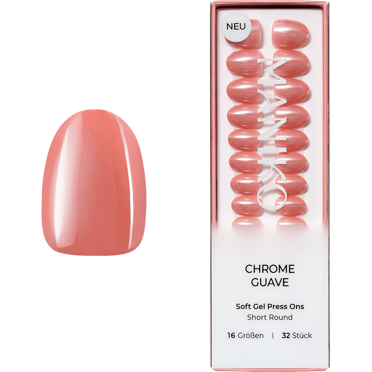 Maniko faux nails Soft Gel Press Ons Chrome Guave Short Round, 32 pcs (Maniko Künstliche Nägel Soft Gel Press Ons Chrome Guave Short Round, 32 St) — authentic German product in Morocco