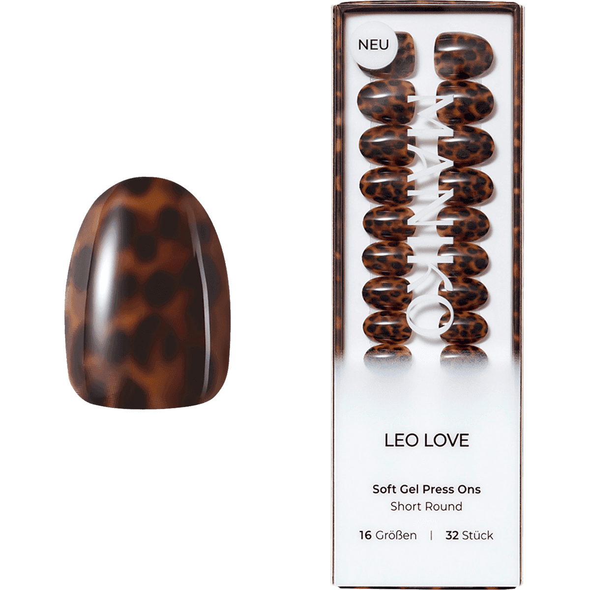 Maniko faux ongles Soft Gel Press Ons Leo Love Short Round, 32 pièces (Maniko Künstliche Nägel Soft Gel Press Ons Leo Love Short Round, 32 St) — produit allemand authentique au Maroc
