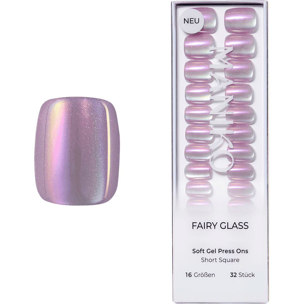 Maniko faux nails Soft Gel Press Ons Fairy Glass Short Square, 32 pcs (Maniko Künstliche Nägel Soft Gel Press Ons Fairy Glass Short Square, 32 St) — authentic German product in Morocco