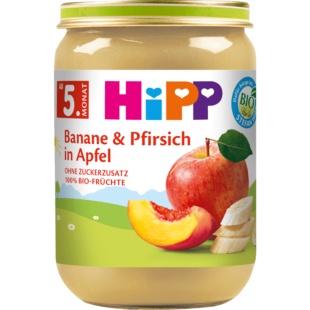 HiPP fruits Banane et Pfirsich in pomme dès 5 mois, 190 g (HiPP Früchte Banane und Pfirsich in Apfel ab 5. Monat, 190 g) — منتج ألماني أصلي في المغرب