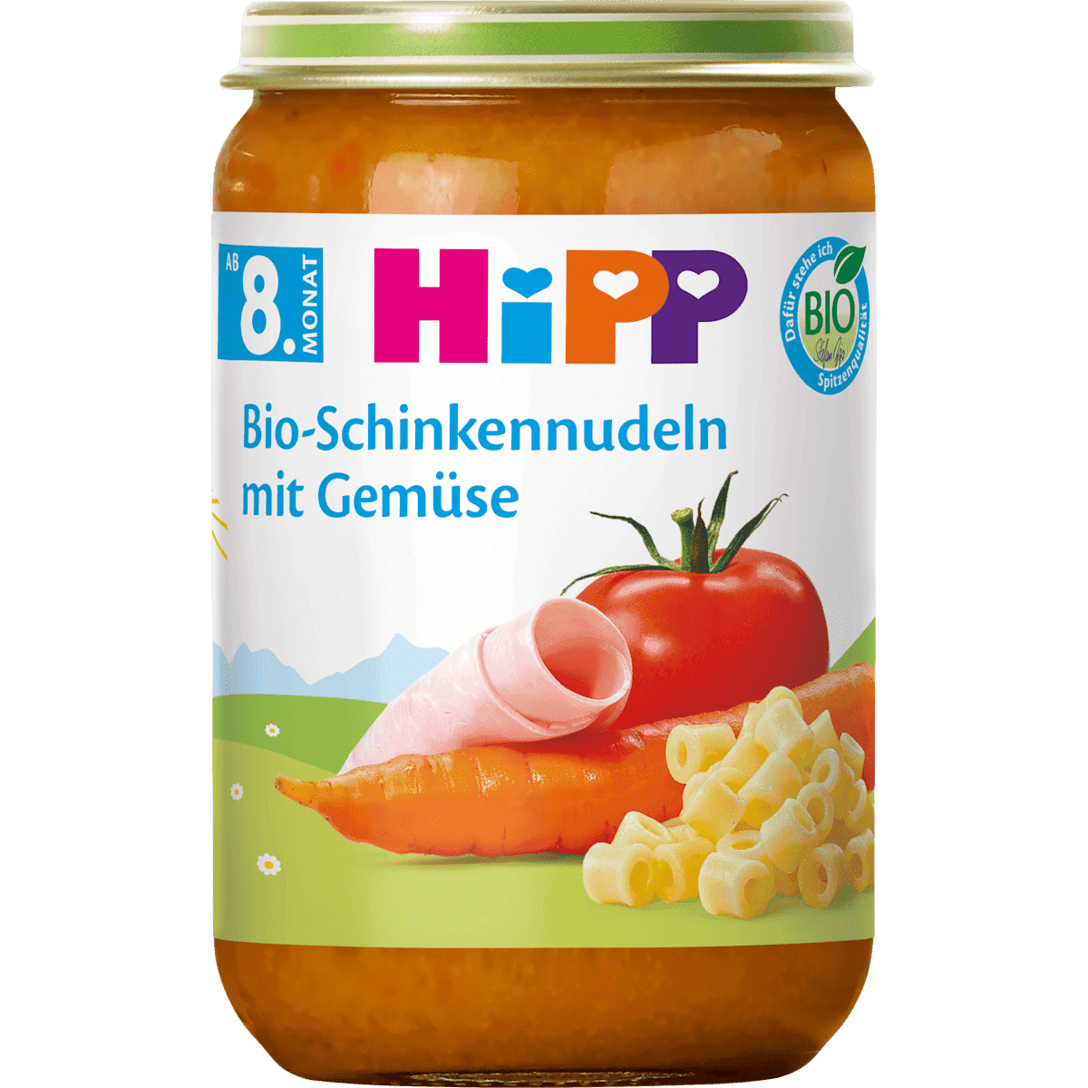HiPP Petit plat Schinkennudeln avec légumes dès 8 mois, 220 g (HiPP Menü Schinkennudeln mit Gemüse ab dem 8. Monat, 220 g) — منتج ألماني أصلي في المغرب