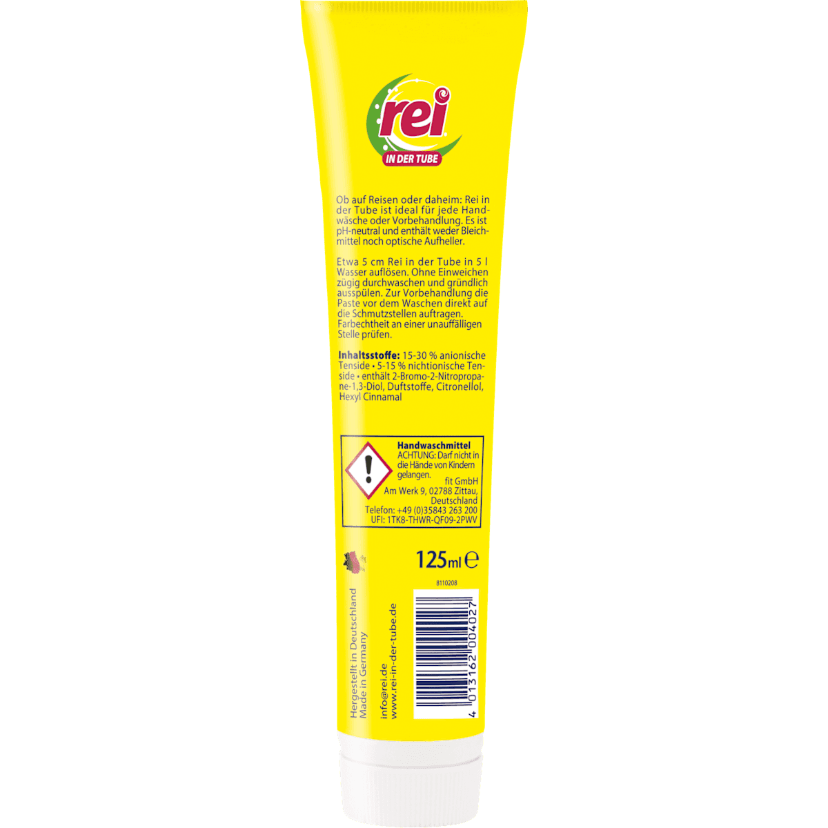 Rei Lessive à la main en tube pour le voyage & la maison, 125 ml (Rei Handwaschmittel in der Tube für die Reise & daheim, 125 ml) — produit allemand authentique au Maroc