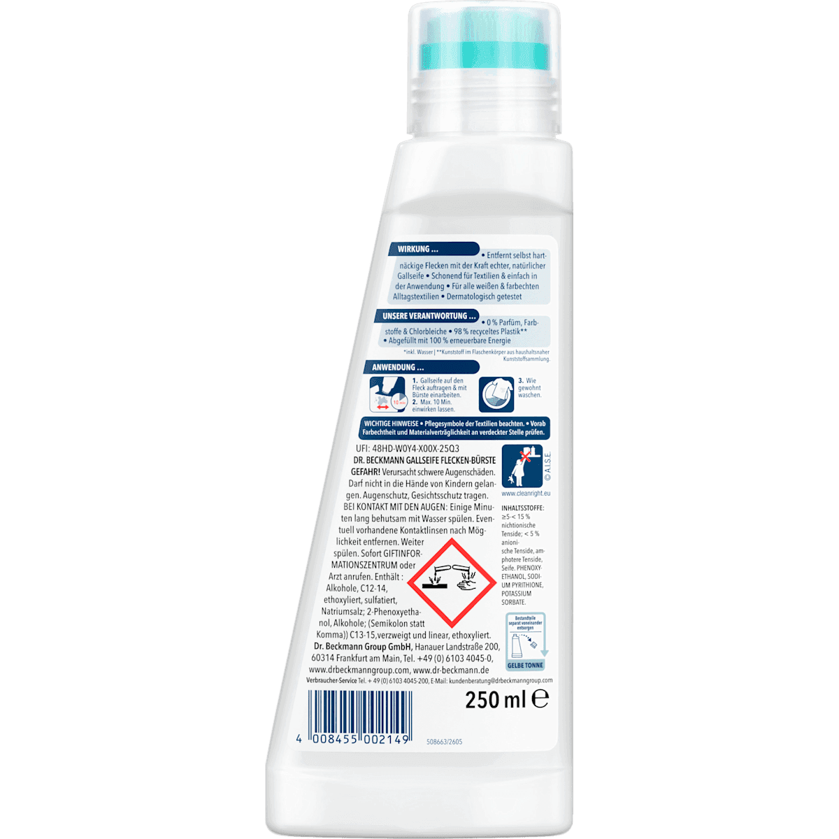 Dr. Beckmann Soap with fiel Flecken-Bürste zur Vorbehandlung, 250 ml (Dr. Beckmann Gallseife Flecken-Bürste zur Vorbehandlung, 250 ml) — authentic German product in Morocco