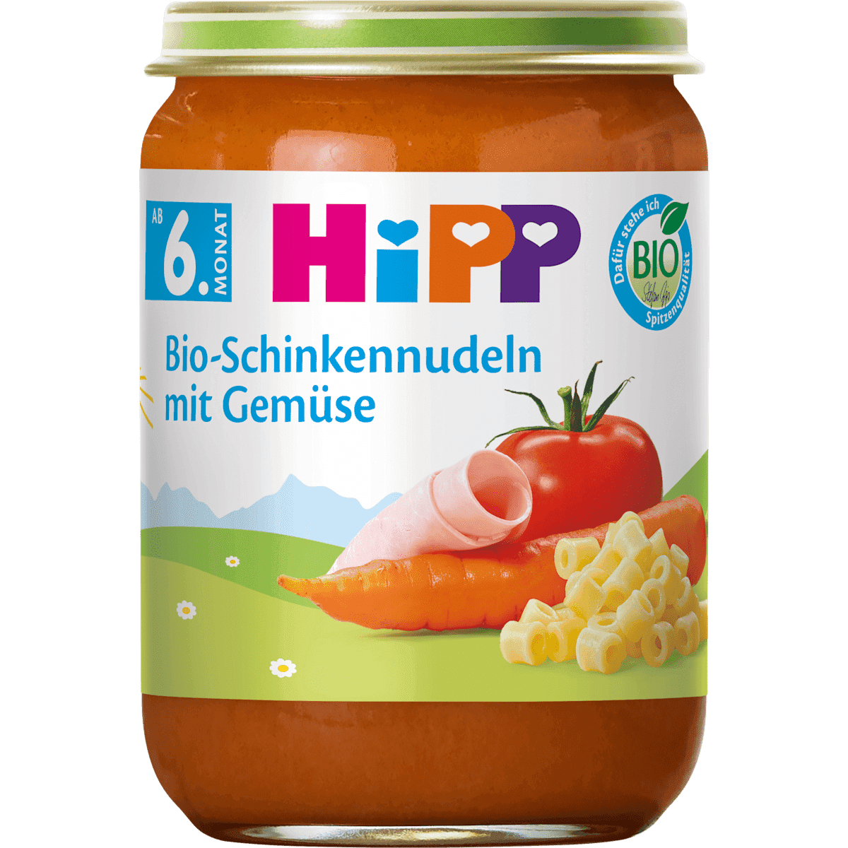 HiPP Petit plat Schinkennudeln avec Tomaten & carottes dès 6 mois, 190 g (HiPP Menü Schinkennudeln mit Tomaten & Karotten ab dem 6. Monat, 190 g) — منتج ألماني أصلي في المغرب