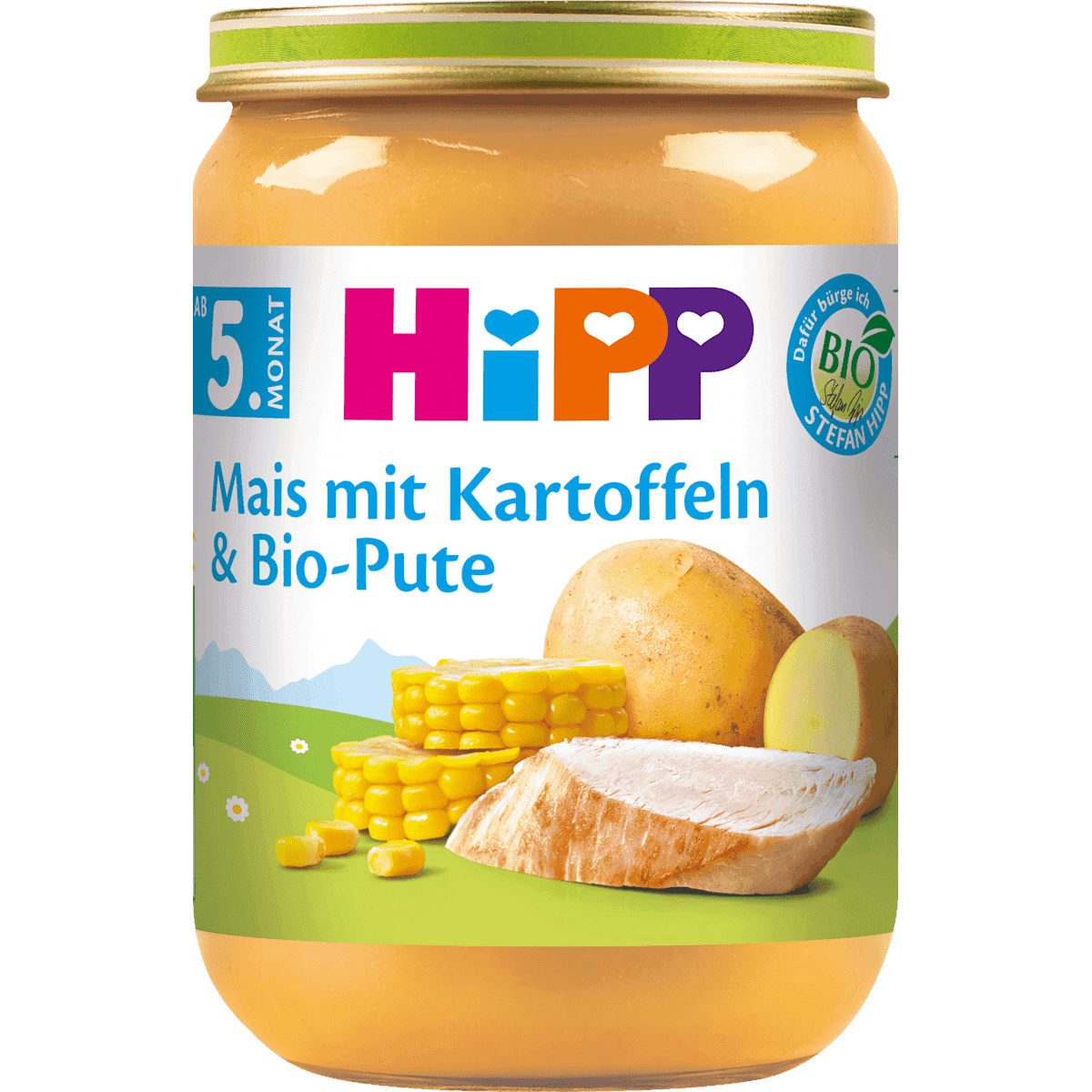 HiPP Petit plat Mais avec Kartoffelpüree & Pute dès 5 mois, 190 g (HiPP Menü Mais mit Kartoffelpüree & Pute ab dem 5.Monat, 190 g) — منتج ألماني أصلي في المغرب