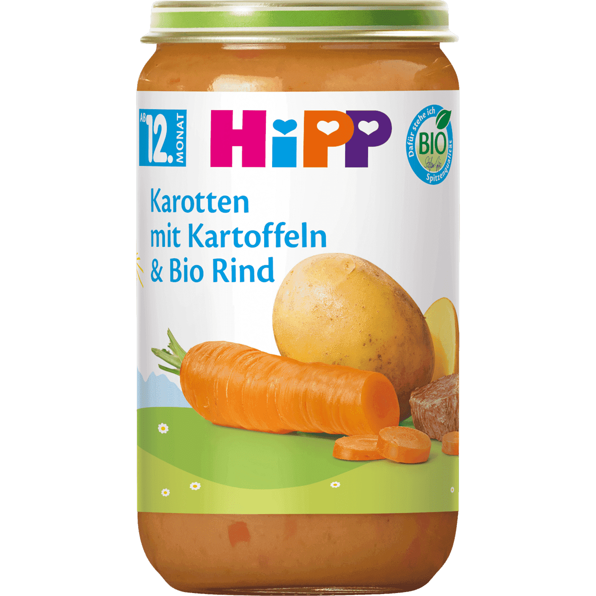 HiPP Petit plat carottes avec pommes de terre & bœuf dès 12 mois, 250 g (HiPP Menü Karotten mit Kartoffeln & Rind ab dem 12. Monat, 250 g) — منتج ألماني أصلي في المغرب