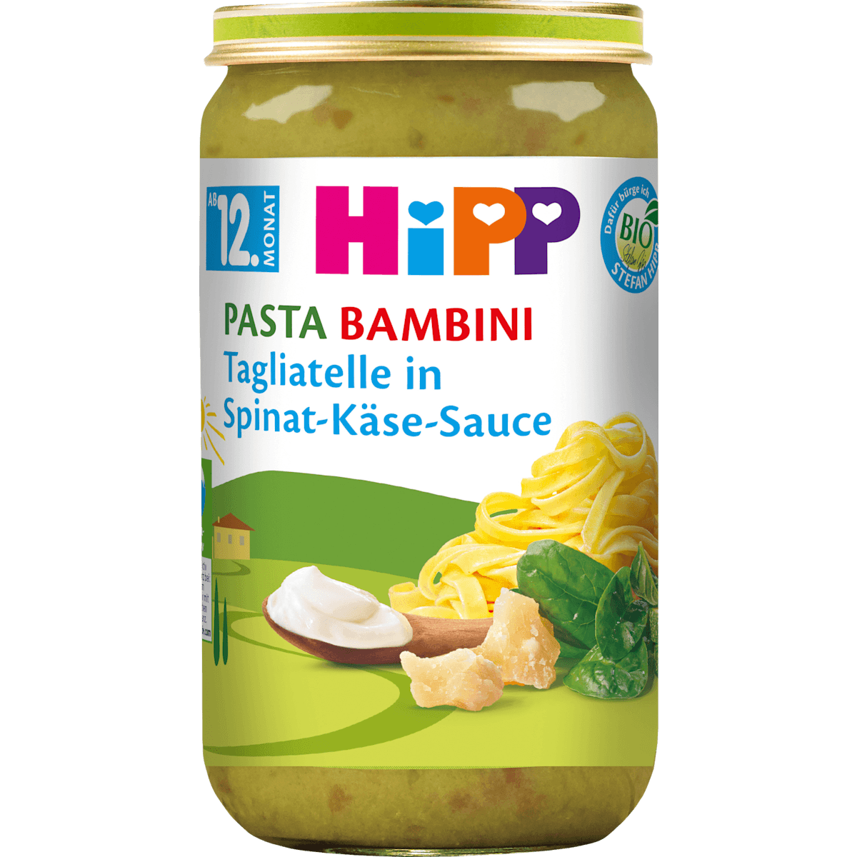 HiPP Petit plat Pasta Bambini Tagliatelle in Spinat-Käse-Sauce dès 12 mois, 250 g (HiPP Menü Pasta Bambini Tagliatelle in Spinat-Käse-Sauce ab dem 12. Monat, 250 g) — منتج ألماني أصلي في المغرب