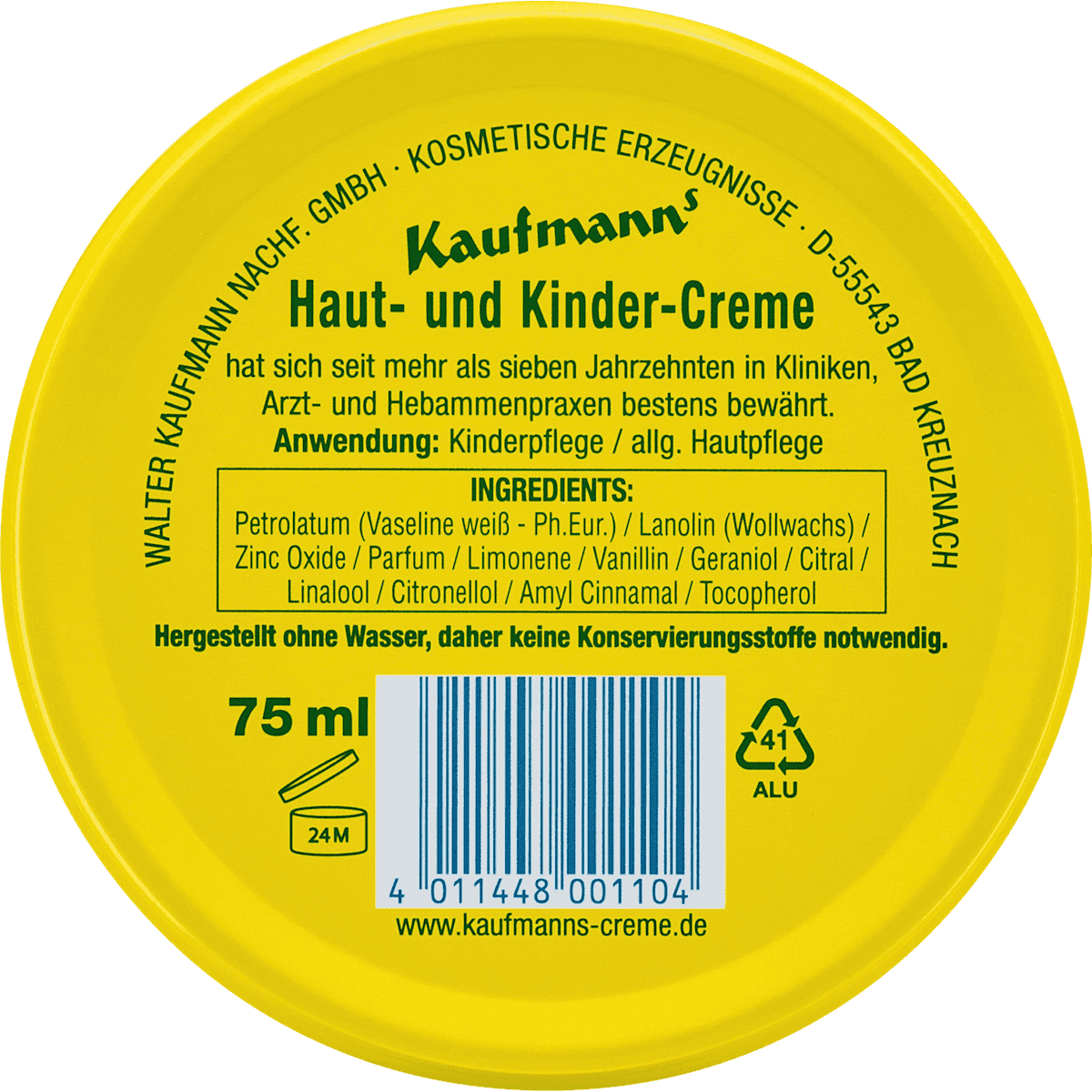 Kaufm.Creme Bébé & Enfant crème de soin, 75 ml (Kaufm.Creme Baby & Kinder Pflegecreme, 75 ml) — produit allemand authentique au Maroc