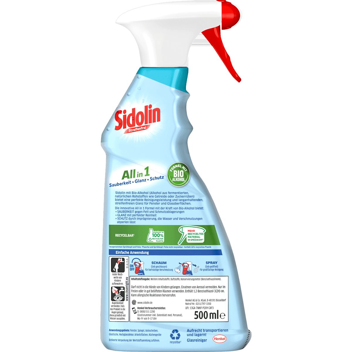 Sidolin Nettoyant vitres Cristal 3in1, 500 ml (Sidolin Glasreiniger Cristal 3in1, 500 ml) — produit allemand authentique au Maroc