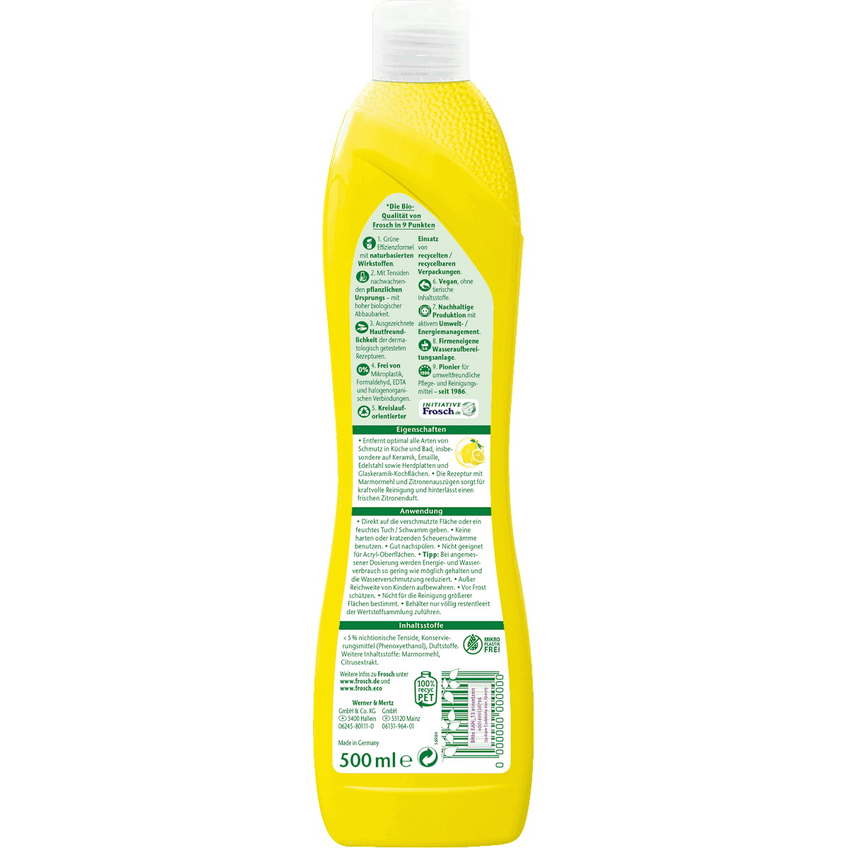Frosch crème à récurer citron pour cuisine & salle de bain, 500 ml (Frosch Scheuermilch Zitrone für Küche & Bad, 500 ml) — produit allemand authentique au Maroc