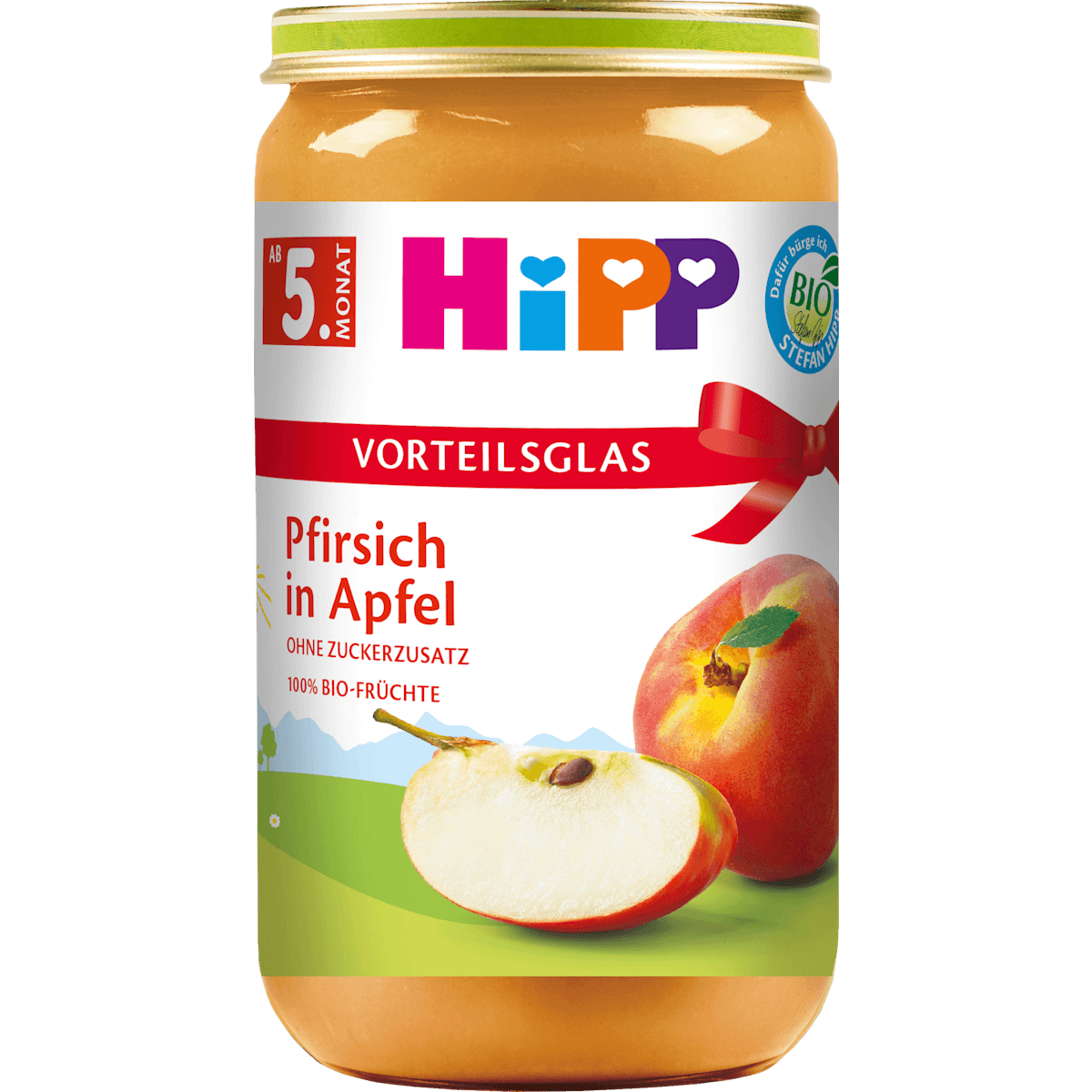 HiPP fruits Pfirsich in pomme, dès 5 mois, 250 g (HiPP Früchte Pfirsich in Apfel, ab dem 5. Monat, 250 g) — منتج ألماني أصلي في المغرب