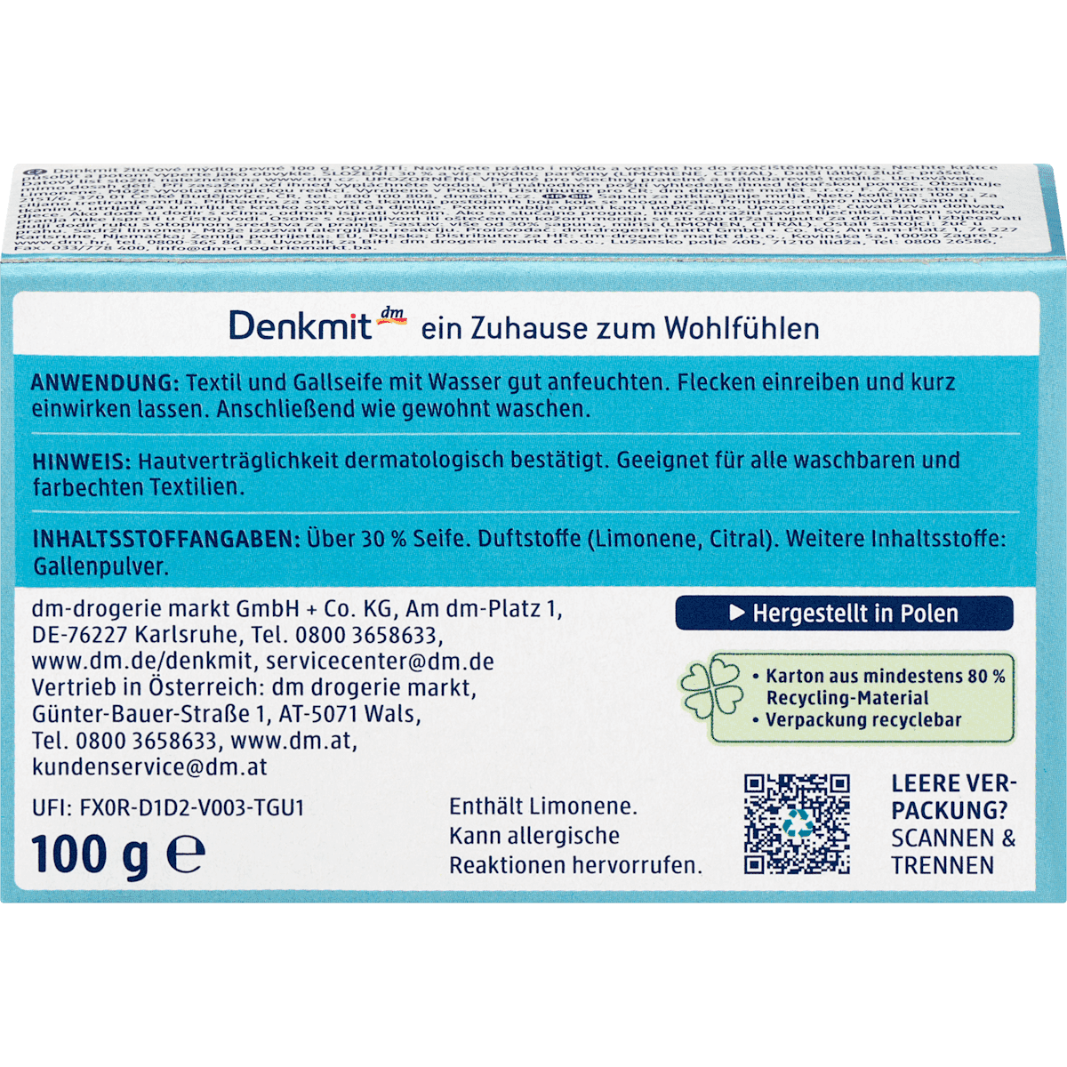 Denkmit Savon au fiel Traitement anti-taches, 100 g (Denkmit Gallseife Fleckenbehandlung, 100 g) — produit allemand authentique au Maroc
