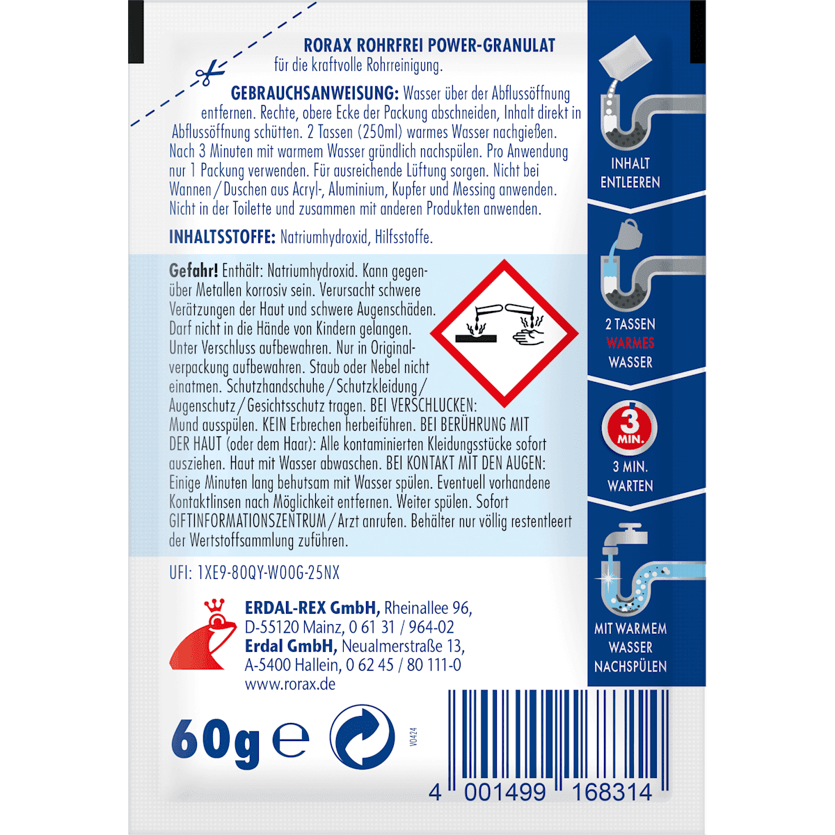 rorax Déboucheur canalisations Power-granulés, 60 g (rorax Rohrreiniger Power-Granulat, 60 g) — produit allemand authentique au Maroc