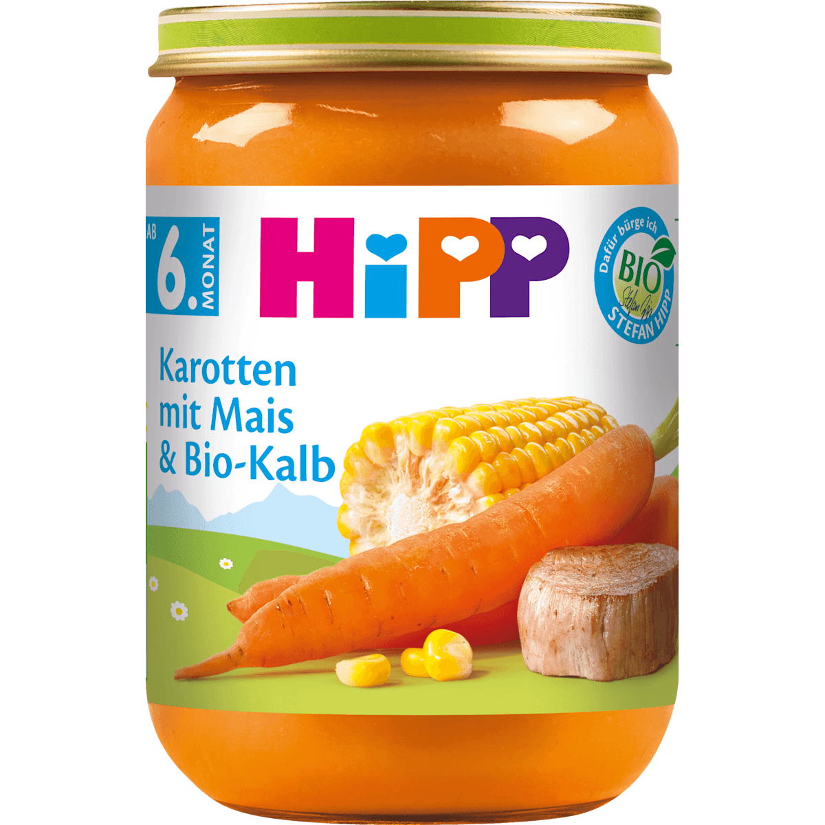 HiPP Petit plat carottes avec Mais & Kalb dès 6 mois, 190 g (HiPP Menü Karotten mit Mais & Kalb ab dem 6. Monat, 190 g) — منتج ألماني أصلي في المغرب