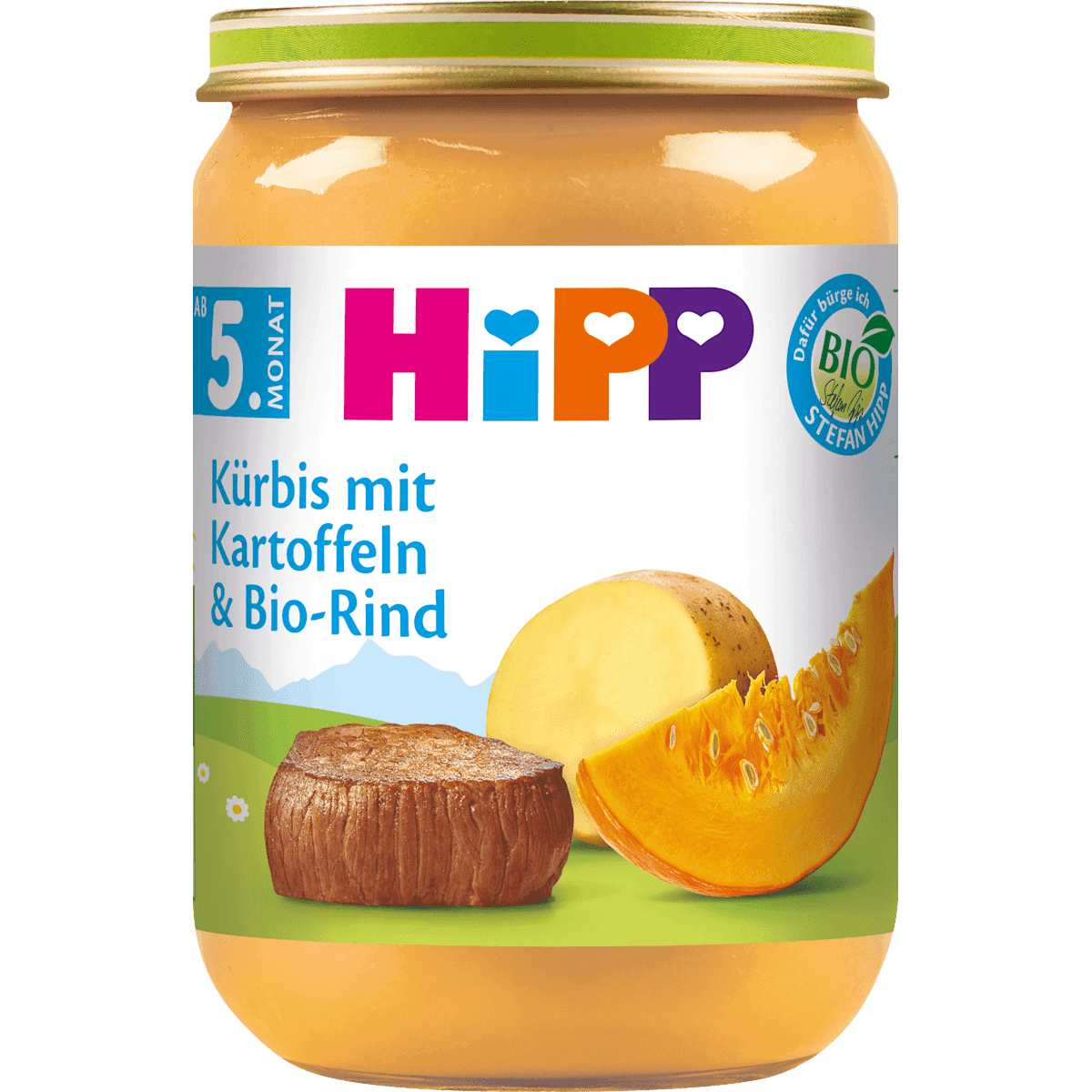 HiPP Petit plat courge avec pommes de terre & bœuf dès 5 mois, 190 g (HiPP Menü Kürbis mit Kartoffeln & Rind ab dem 5. Monat, 190 g) — منتج ألماني أصلي في المغرب