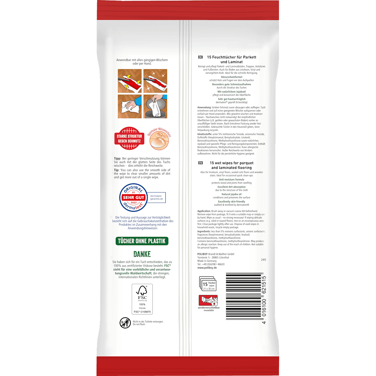 Poliboy Lingettes sol humides parquet & stratifié, 15 pièces (Poliboy Feuchte Bodentücher Parkett & Laminat, 15 St) — produit allemand authentique au Maroc