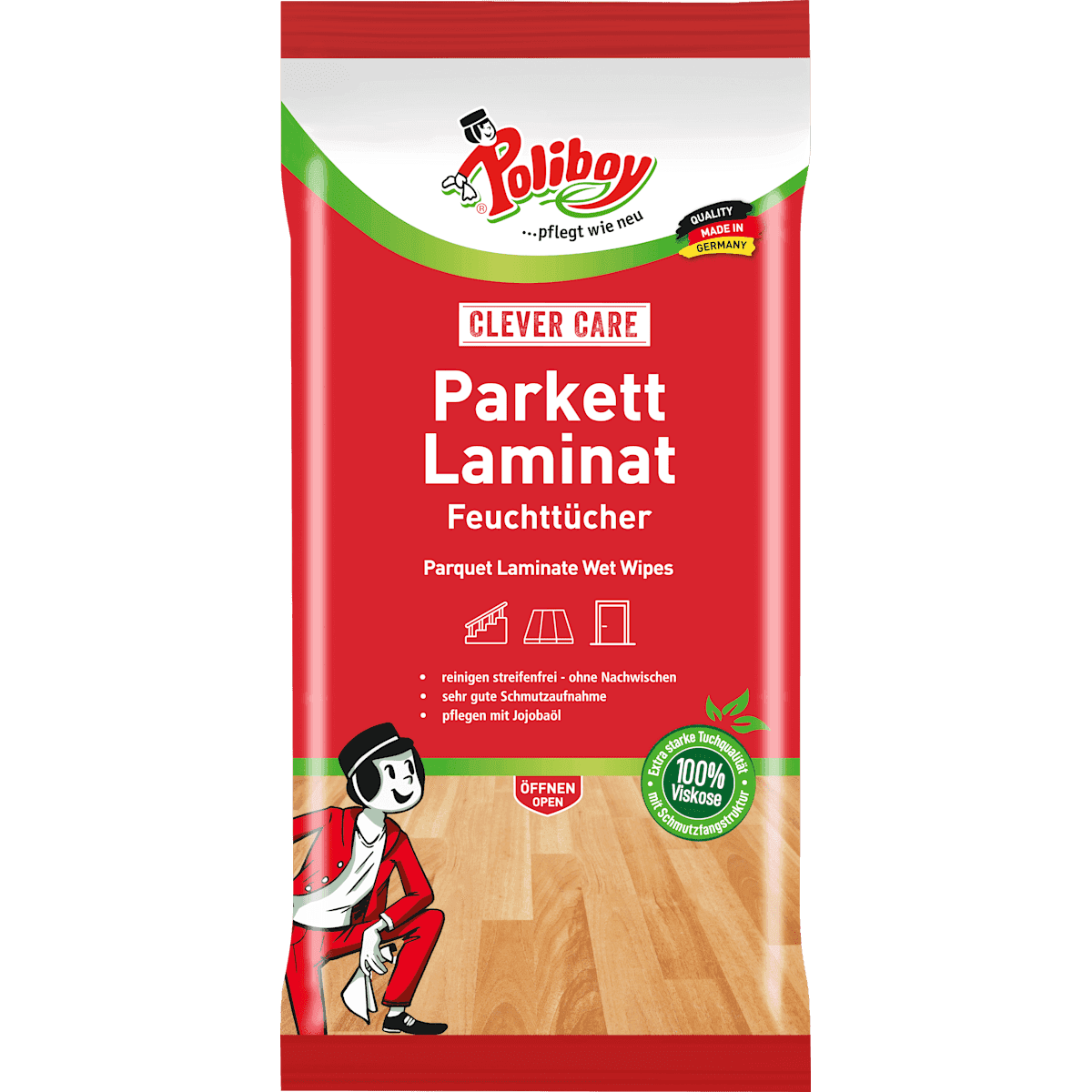 Poliboy Lingettes sol humides parquet & stratifié, 15 pièces (Poliboy Feuchte Bodentücher Parkett & Laminat, 15 St) — produit allemand authentique au Maroc