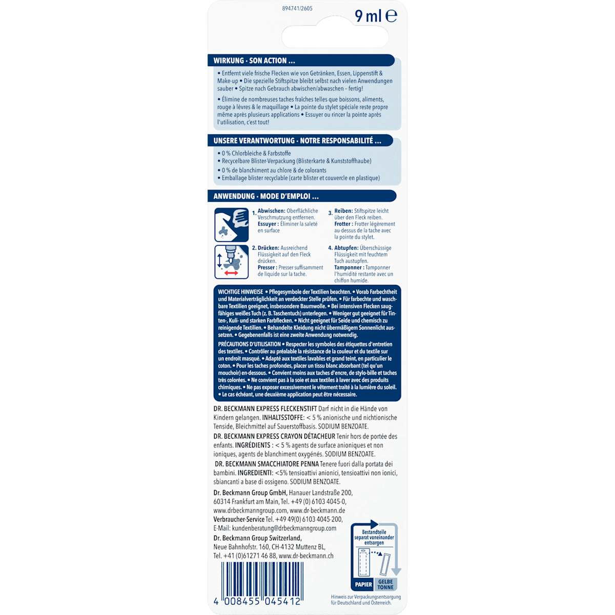 Dr. Beckmann Détachant-Stift Express, 9 ml (Dr. Beckmann Fleckenentferner-Stift Express, 9 ml) — authentic German product in Morocco