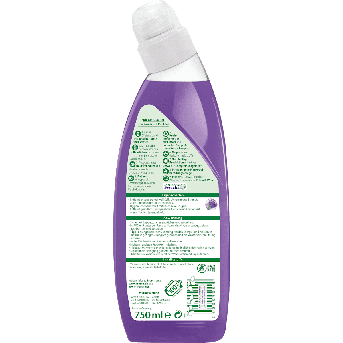 Frosch Nettoyant WC anti-tartre & anti-calcaire lavande, 750 ml (Frosch WC-Reiniger Urinstein- & Kalkentferner Lavendel, 750 ml) — produit allemand authentique au Maroc
