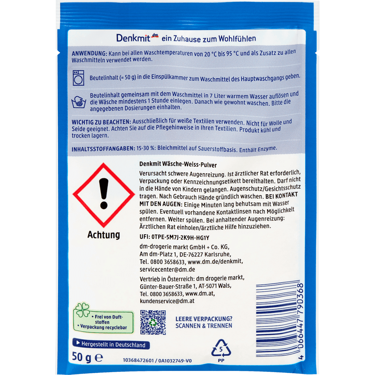 Denkmit Linge blanc poudre, 50 g (Denkmit Wäsche Weiß Pulver, 50 g) — produit allemand authentique au Maroc
