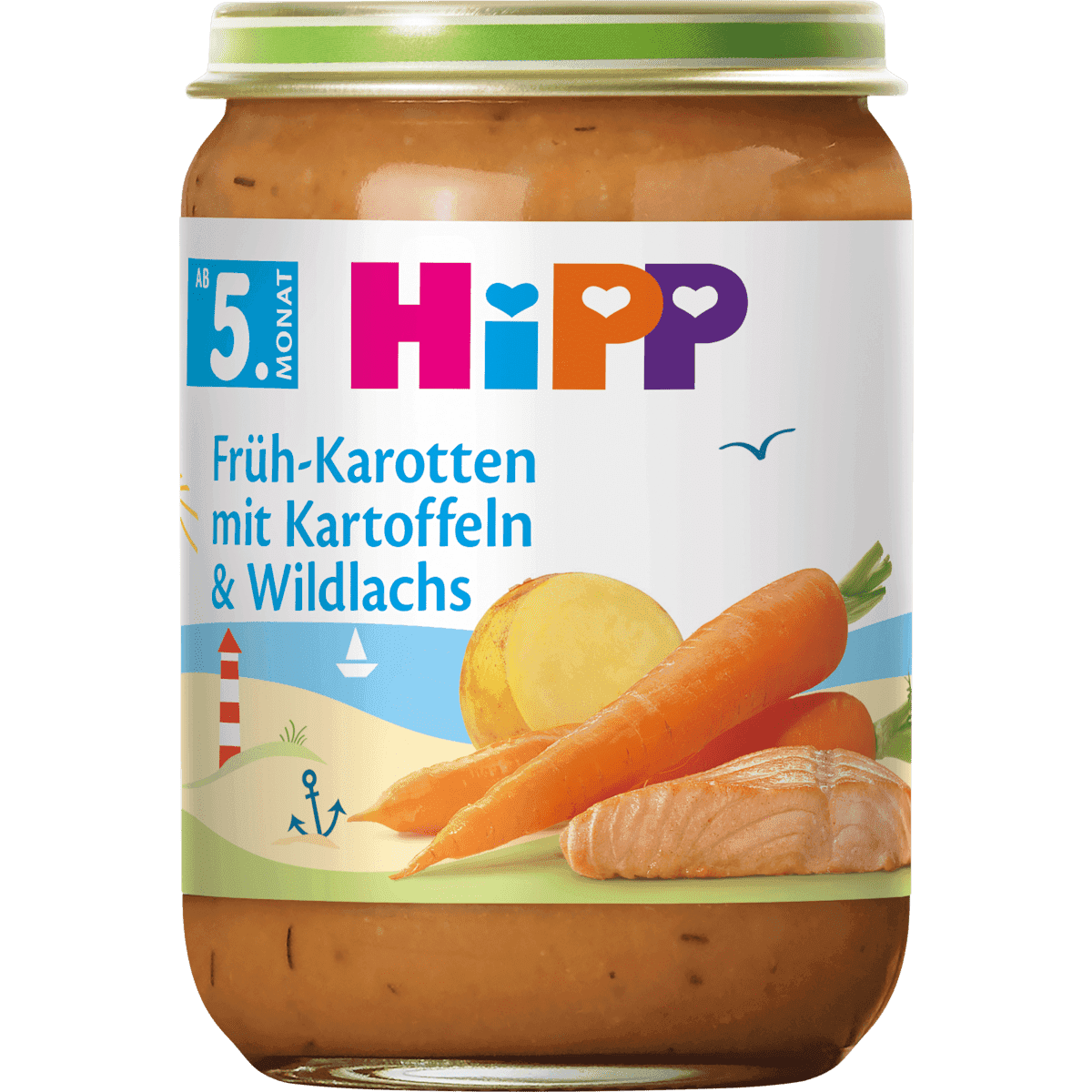 HiPP Petit plat Früh-carottes avec pommes de terre & saumon sauvage dès 5 mois, 190 g (HiPP Menü Früh-Karotten mit Kartoffeln & Wildlachs ab dem 5. Monat, 190 g) — منتج ألماني أصلي في المغرب
