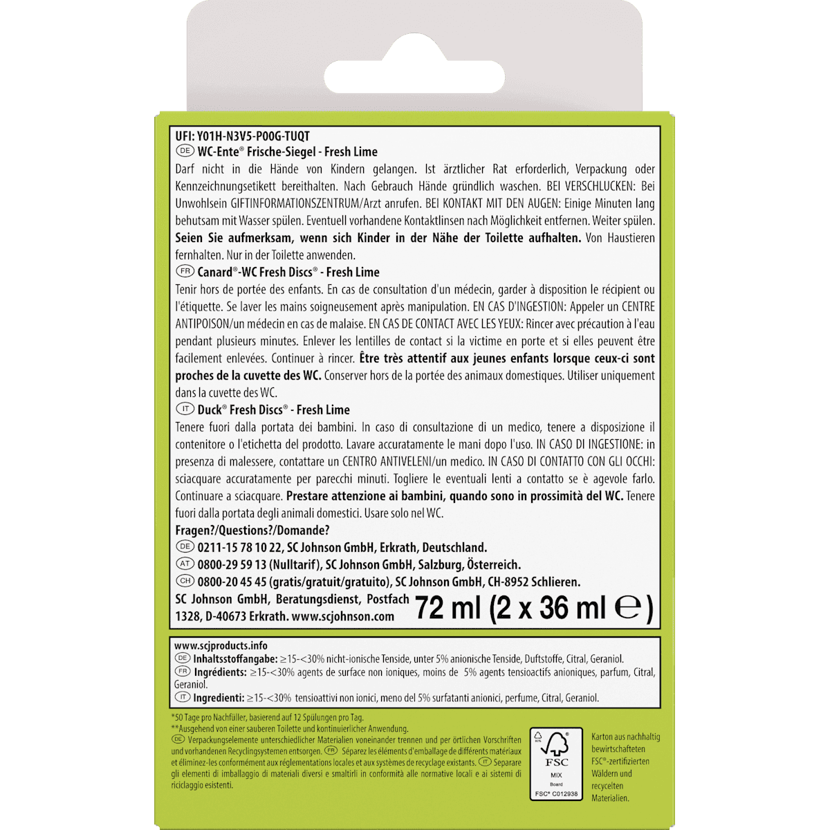 WC-Ente Cleanser WC Fresh Discs lemon green refill 2 pcs, 72 ml (WC-Ente WC-Reiniger Frische-Siegel Limone Nachfüllpack 2 St, 72 ml) — authentic German product in Morocco