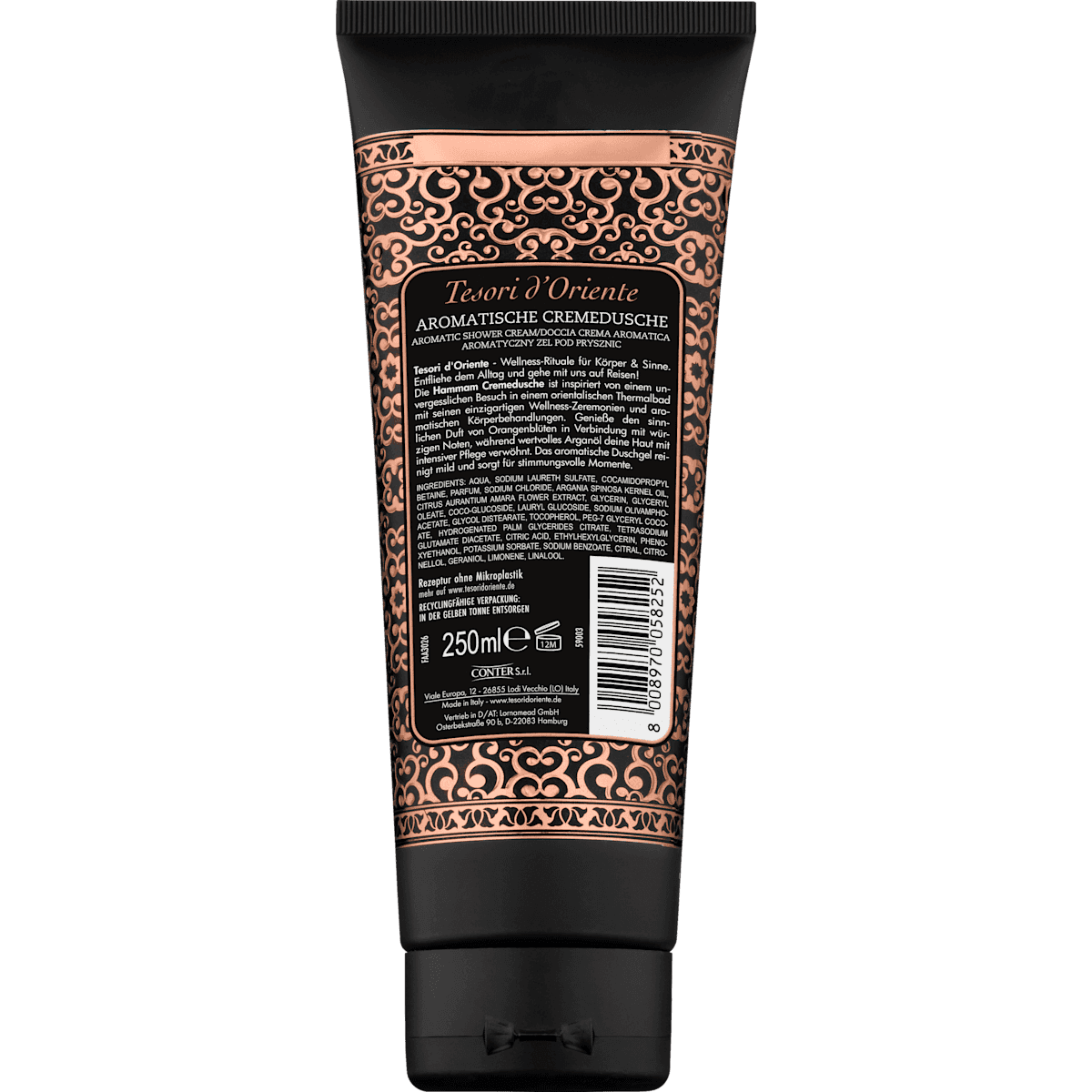 Tesori d'Oriente crème de douche Hammam, huile d'argan & fleur d'oranger, 250 ml (Tesori d'Oriente Cremedusche Hammam, Arganöl & Orangenblüte, 250 ml) — produit allemand authentique au Maroc