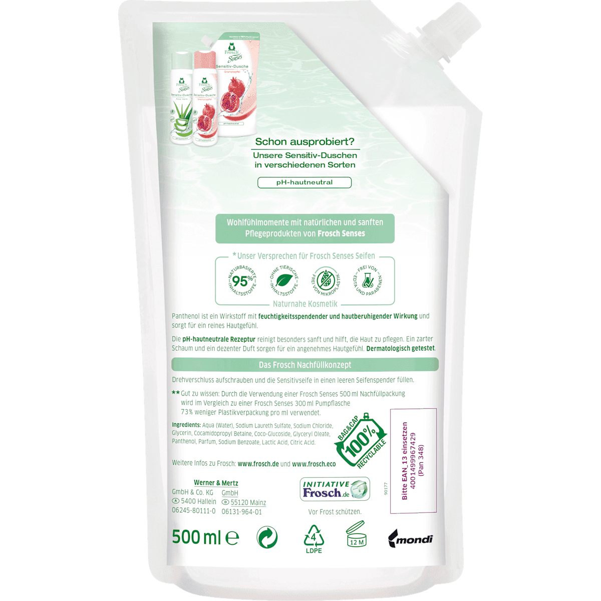 Frosch Savon liquide sensitiv soin pur recharge, 500 ml (Frosch Flüssigseife sensitiv reine Pflege Nachfüllpack, 500 ml) — منتج ألماني أصلي في المغرب