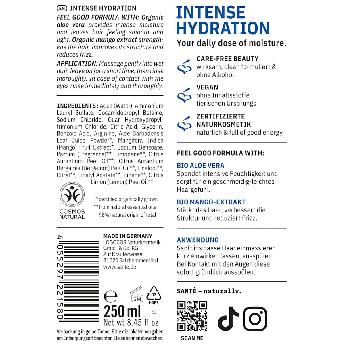 Santé naturally. Shampooing Intense Hydration, 250 ml (Santé naturally. Shampoo Intense Hydration, 250 ml) — produit allemand authentique au Maroc