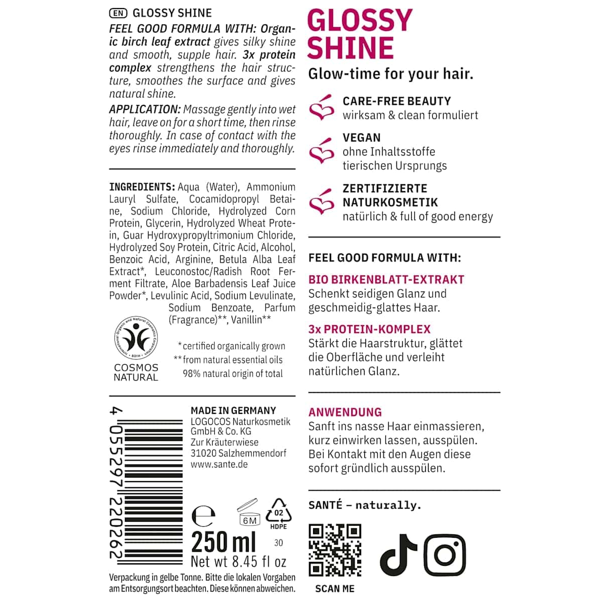 Santé naturally. Shampooing Glossy Shine, 250 ml (Santé naturally. Shampoo Glossy Shine, 250 ml) — produit allemand authentique au Maroc