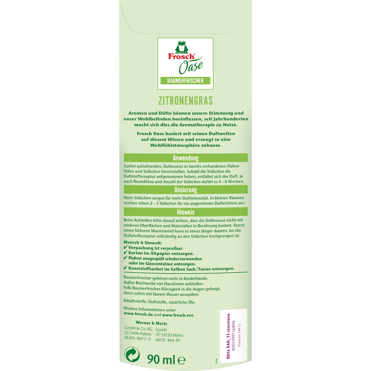 Frosch Bâtonnets parfumés désodorisant recharge citronnelle, 90 ml (Frosch Duftstäbchen Raumerfrischer Nachfüllpack Zitronengras, 90 ml) — produit allemand authentique au Maroc