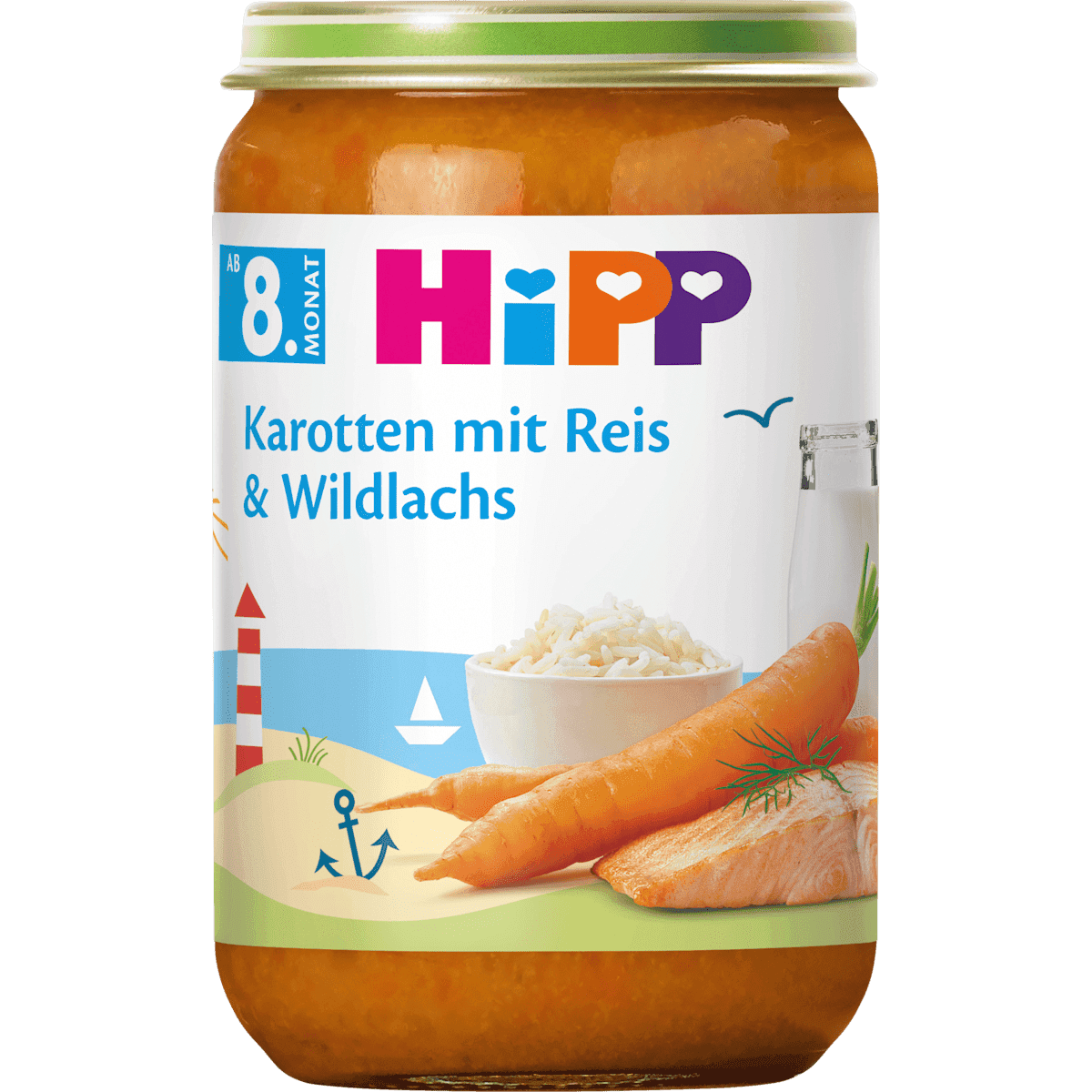 HiPP Petit plat carottes avec Reis & saumon sauvage dès 8 mois, 220 g (HiPP Menü Karotten mit Reis & Wildlachs ab dem 8. Monat, 220 g) — منتج ألماني أصلي في المغرب
