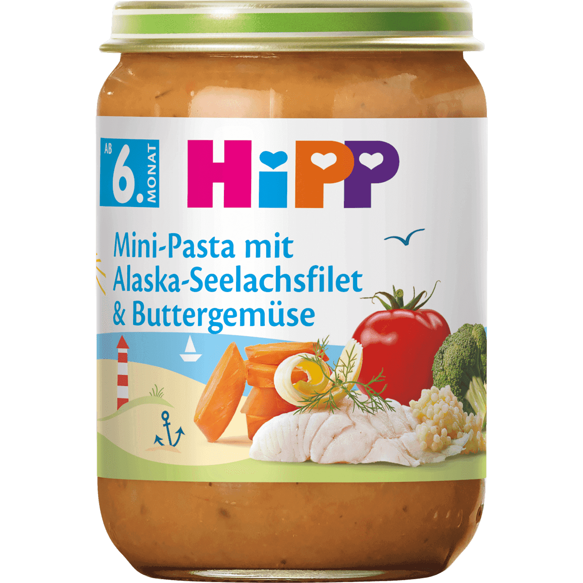HiPP Petit plat Mini-Pasta avec Alaska-Seelachsfilet & légumes au beurre dès 6 mois, 190 g (HiPP Menü Mini-Pasta mit Alaska-Seelachsfilet & Buttergemüse ab dem 6. Monat, 190 g) — منتج ألماني أصلي في المغرب