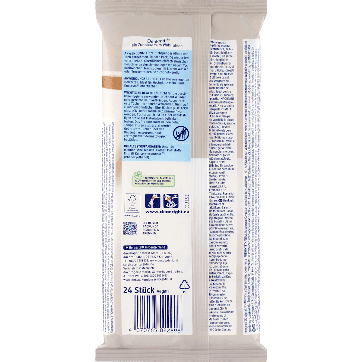 Denkmit Lingettes nettoyantes pour meubles, 24 pièces (Denkmit Feuchte Reinigungstücher für Möbel, 24 St) — produit allemand authentique au Maroc