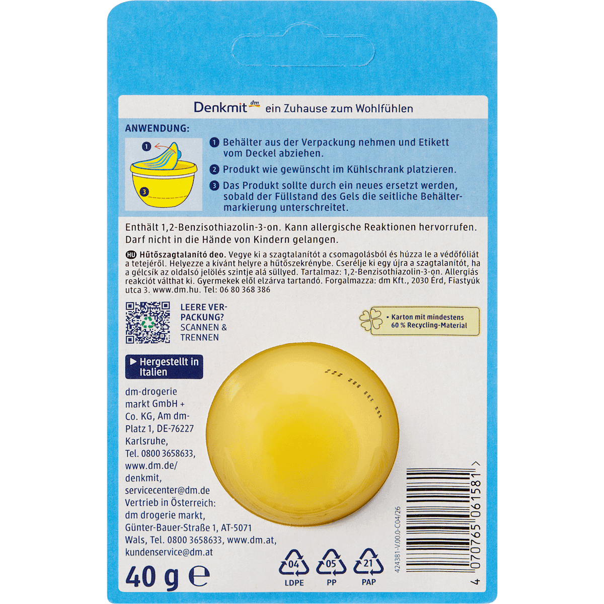 Denkmit Absorbeur d'odeurs réfrigérateur, 40 g (Denkmit Kühlschrank-Frische, 40 g) — produit allemand authentique au Maroc