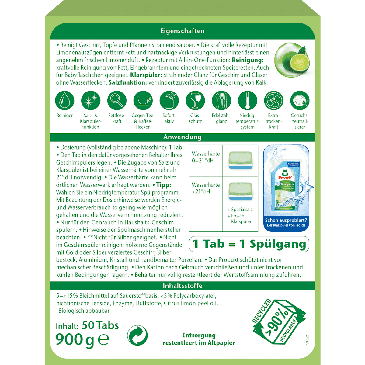 Frosch Tablettes lave-vaisselle citron vert All-in-1, 900 g (Frosch Spülmaschinen-Tabs Limone All-in-1, 900 g) — produit allemand authentique au Maroc