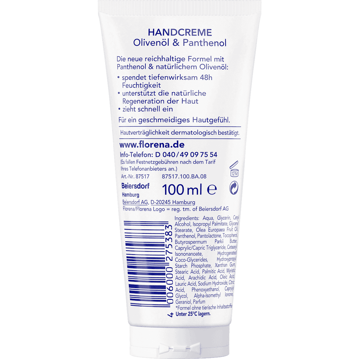 Florena hand cream intensive care olive oil & Panthenol, 100 ml (Florena Handcreme intensive Pflege Olivenöl & Panthenol, 100 ml) — authentic German product in Morocco