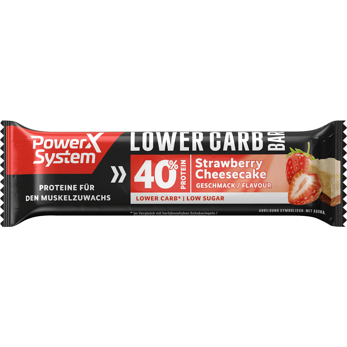 PowerX System Barres protéinées 40%, Lower Carb Bar, Strawberry Cheesecake goût, 40 g (PowerX System Proteinriegel 40%, Lower Carb Bar, Strawberry Cheesecake Geschmack, 40 g) — produit allemand authentique au Maroc